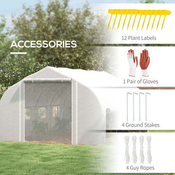 13 x 9.8ft Walk-in Polytunnel Greenhouse, Zipped Roll Up Sidewalls, Mesh Door, 8 Mesh Windows, Tunnel Warm House Tent with PE Cover, Plant Labels and Gloves, White