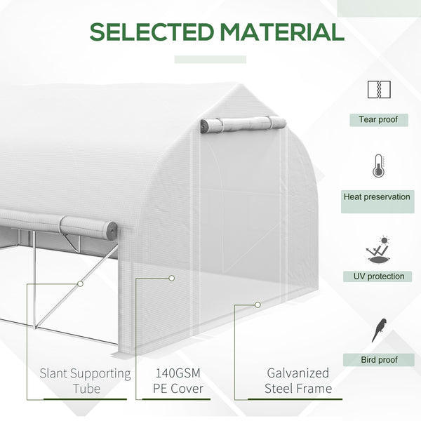 13 x 9.8ft Walk-in Polytunnel Greenhouse, Zipped Roll Up Sidewalls, Mesh Door, 8 Mesh Windows, Tunnel Warm House Tent with PE Cover, Plant Labels and Gloves, White