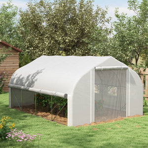 13 x 9.8ft Walk-in Polytunnel Greenhouse, Zipped Roll Up Sidewalls, Mesh Door, 8 Mesh Windows, Tunnel Warm House Tent with PE Cover, Plant Labels and Gloves, White