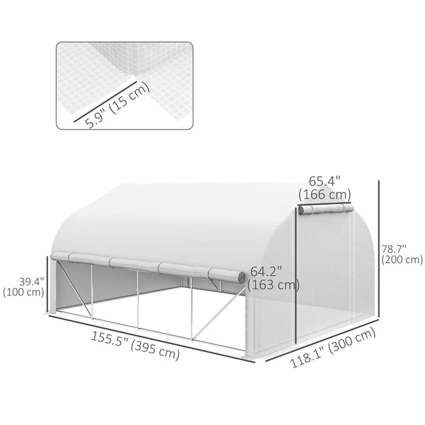 13 x 9.8ft Walk-in Polytunnel Greenhouse, Zipped Roll Up Sidewalls, Mesh Door, 8 Mesh Windows, Tunnel Warm House Tent with PE Cover, Plant Labels and Gloves, White