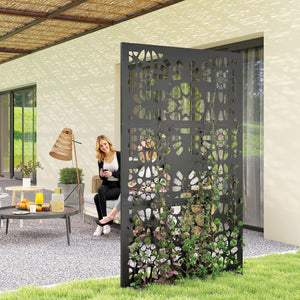 Metal Outdoor Privacy Screen, 72" x 38" Freestanding Outdoor Divider, Wall-Mounted Decorative Panel with Symmetrical Pattern Cut-out Design for Garden Patio, Black