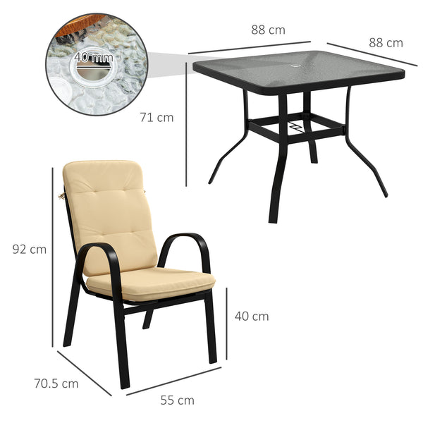 5 Pieces Garden Dining Set, Outdoor Square Dining Table and 4 Cushioned Armchairs, Tempered Glass Top Table w/ Umbrella Hole, Texteline Seats, Beige
