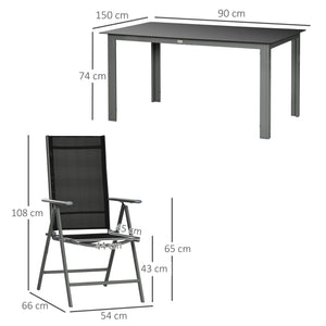 7 Piece Garden Dining Set, Outdoor Table and 6 Folding and Reclining Chairs, Aluminium Frame, Tempered Glass Top Table, Texteline Seats, Black