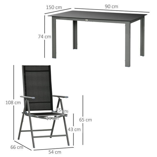 7 Piece Garden Dining Set, Outdoor Table and 6 Folding and Reclining Chairs, Aluminium Frame, Tempered Glass Top Table, Texteline Seats, Black