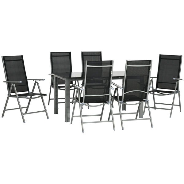 7 Piece Garden Dining Set, Outdoor Table and 6 Folding and Reclining Chairs, Aluminium Frame, Tempered Glass Top Table, Texteline Seats, Black