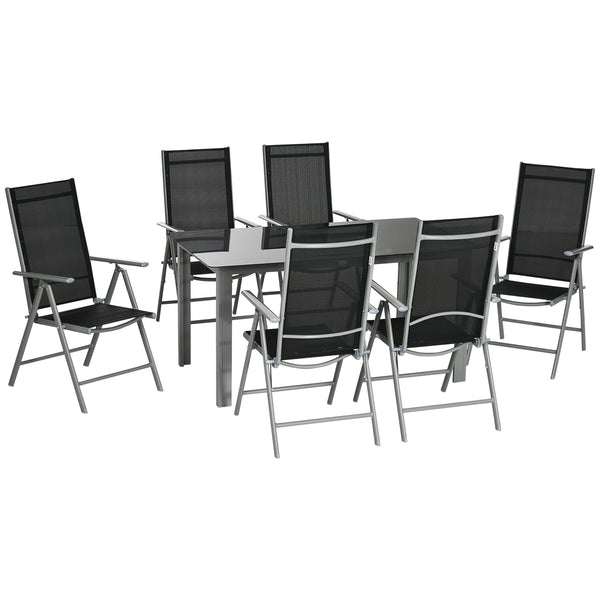 7 Piece Garden Dining Set, Outdoor Table and 6 Folding and Reclining Chairs, Aluminium Frame, Tempered Glass Top Table, Texteline Seats, Black