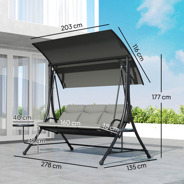3 Seater Garden Swing Seat Swing Chair with Adjustable Canopy, Removable Cushion and Coffee Tables for Outdoor Patio Garden Dark Grey