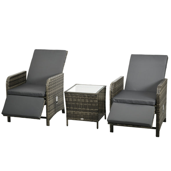 3 Pieces Garden Rattan Bistro Set with Adjustable Backrest, Balcony Conversation Furniture Set with 2 Armchairs Tempered Glass Coffee Table, Cushions, Storage Function - Mix-Grey
