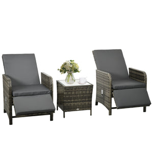 3 Pieces Garden Rattan Bistro Set with Adjustable Backrest, Balcony Conversation Furniture Set with 2 Armchairs Tempered Glass Coffee Table, Cushions, Storage Function - Mix-Grey