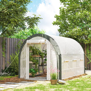 10'x6.6'x6.6' Walk-in Tunnel Greenhouse with Zipped Roll Up Mesh Door, 6 Mesh Windows, Plant Hot House Tent with PE Cover, 6 Plant Labels Gloves, White