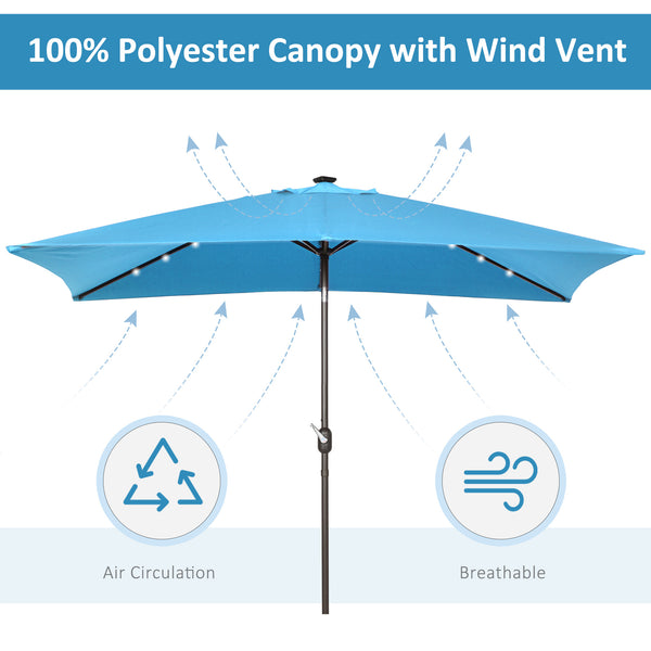 6.5x10ft Patio Umbrella Rectangle Solar Powered Tilt Aluminum Outdoor Market Parasol with LEDs Crank (Turquoise)