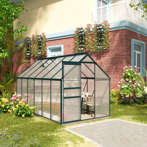 6' x 12' x 6.5' Polycarbonate Greenhouse, Walk-in Green House with Adjustable Roof Vent Galvanized Base Sliding Door Rain Gutter for Outdoor Garden Backyard, Green