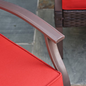 4 Piece PE Rattan Patio Furniture Set, Outdoor Wicker Sofa Set Conversation Furniture w/ Two-Tier Table, Loveseat, 2 Swivel Rocking Chairs and Cushions, Red