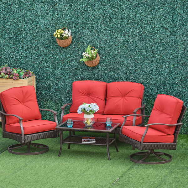 4 Piece PE Rattan Patio Furniture Set, Outdoor Wicker Sofa Set Conversation Furniture w/ Two-Tier Table, Loveseat, 2 Swivel Rocking Chairs and Cushions, Red