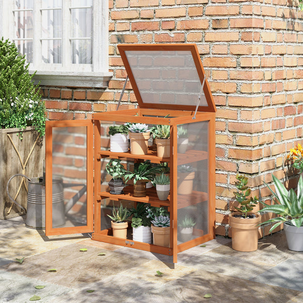 Wooden 2 Tier Cold Frame Greenhouse Polycarbonate Plant Grow House Portable Garden, Orange