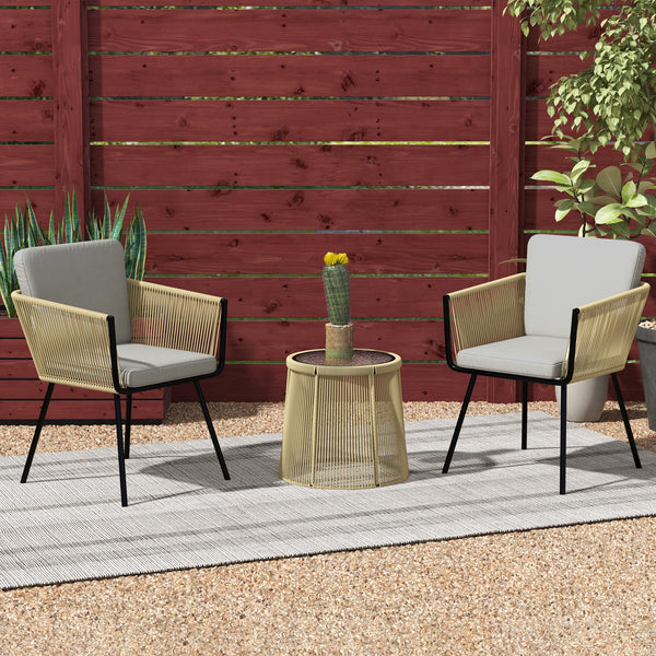3 Pieces Wicker Patio Furniture Set, Rattan Bistro Set with Coffee Table and Cushions, Outdoor Conversation Set for Garden, Porch, Balcony, Coffee and Light Grey