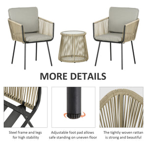 3 Pieces Wicker Patio Furniture Set, Rattan Bistro Set with Coffee Table and Cushions, Outdoor Conversation Set for Garden, Porch, Balcony, Coffee and Light Grey