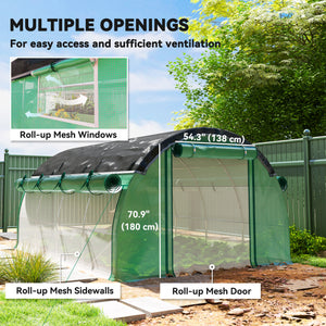 Walk-in Tunnel Greenhouse, 10' x 13' x 6.5' Plant Hot House with Sunshade Net, Roll-up Mesh Sidewalls, 2 Doors and 8 Windows, PE Cover, Galvanised Steel Frame, Green