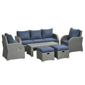 Rattan Garden Sofa Set With 3 Seater Sofa, 2 Reclining Single Sofa, Coffee Table, Footstool, Space-saving Outdoor Patio Wicker Furniture Set - Blue