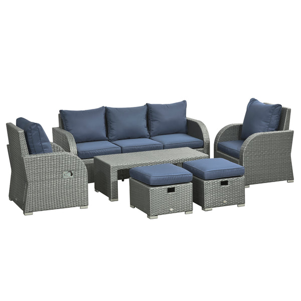 Rattan Garden Sofa Set With 3 Seater Sofa, 2 Reclining Single Sofa, Coffee Table, Footstool, Space-saving Outdoor Patio Wicker Furniture Set - Blue