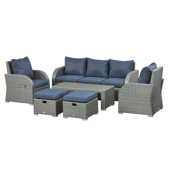 Rattan Garden Sofa Set With 3 Seater Sofa, 2 Reclining Single Sofa, Coffee Table, Footstool, Space-saving Outdoor Patio Wicker Furniture Set - Blue