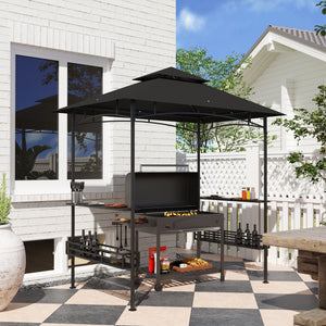 8' x 5' Grill Gazebo Canopy, Double Tiered Outdoor BBQ Gazebo Shelter with 2 Side Shelves, Storage Baskets, Hook for Garden, Patio, Barbecue, Picnic, Dark Grey