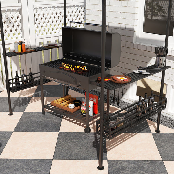 8' x 5' Grill Gazebo Canopy, Double Tiered Outdoor BBQ Gazebo Shelter with 2 Side Shelves, Storage Baskets, Hook for Garden, Patio, Barbecue, Picnic, Dark Grey