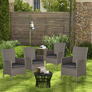 4 Pieces Outdoor PE Rattan Dining Chairs Set with Cushion, Garden Armchair with Armrests, High Backrest, Metal Frame Patio Wicker Furniture, Grey