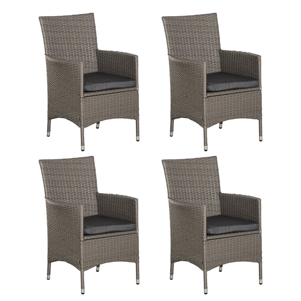 4 Pieces Outdoor PE Rattan Dining Chairs Set with Cushion, Garden Armchair with Armrests, High Backrest, Metal Frame Patio Wicker Furniture, Grey