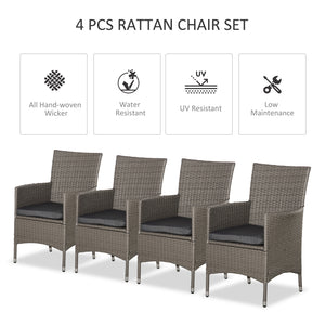 4 Pieces Outdoor PE Rattan Dining Chairs Set with Cushion, Garden Armchair with Armrests, High Backrest, Metal Frame Patio Wicker Furniture, Grey