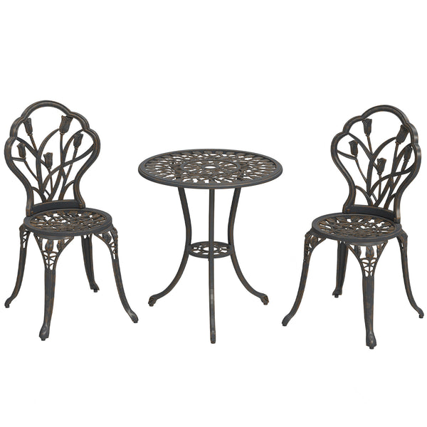 3 Piece Patio Bistro Set for 2, Outdoor Aluminium Garden Table and Chairs with Umbrella Hole for Balcony, Bronze Tone