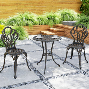 3 Piece Patio Bistro Set for 2, Outdoor Aluminium Garden Table and Chairs with Umbrella Hole for Balcony, Bronze Tone