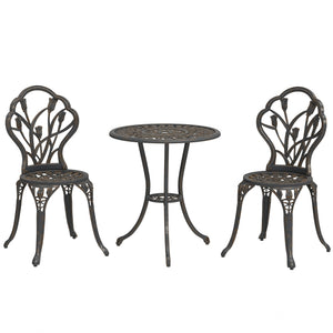 3 Piece Patio Bistro Set for 2, Outdoor Aluminium Garden Table and Chairs with Umbrella Hole for Balcony, Bronze Tone