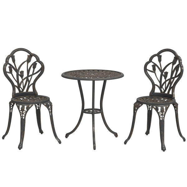 3 Piece Patio Bistro Set for 2, Outdoor Aluminium Garden Table and Chairs with Umbrella Hole for Balcony, Bronze Tone