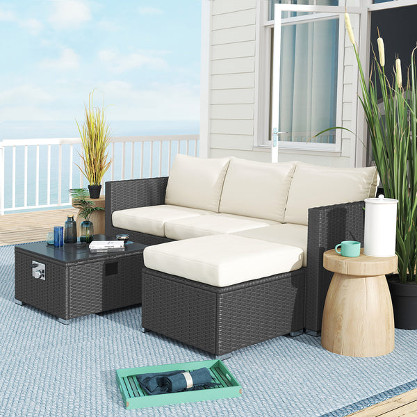 5 Piece Rattan Garden Furniture Set with Gas Fire Pit Table, 4 Seater Outdoor Sectional Sofa Set with Footstool and Removable Cushions, Modular Combination, Black and Cream White