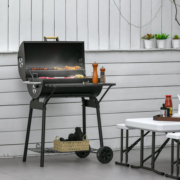 30" Portable Barrel Charcoal BBQ Grill with 370 Square Inches Cooking Space & Storage Shelf for Garden Camping Picnic, Black