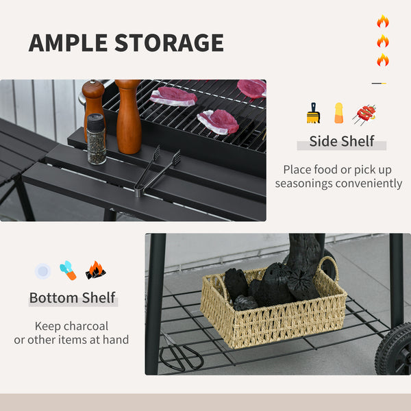 30" Portable Barrel Charcoal BBQ Grill with 370 Square Inches Cooking Space & Storage Shelf for Garden Camping Picnic, Black