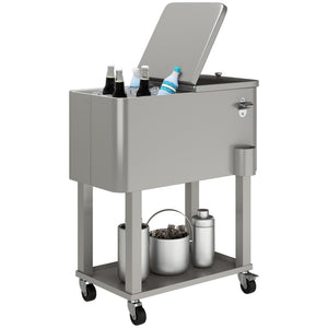 60 Quart Rolling Patio Cooler Cart, Portable Outdoor Cooler with Locking Wheels, Storage Shelf, Steel Bottle Opener, Ice Chest for Patio Backyard Party BBQ, Silver