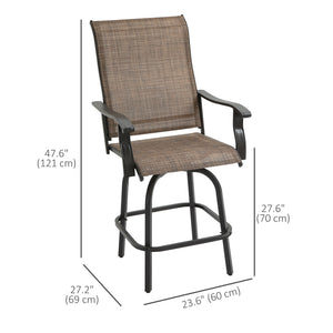 Outdoor Swivel Bar Stools Set of 2, 2 Piece Bar Height Patio Chairs with High Back, Curved Armrests and Steel Frame for Balcony, Poolside, Backyard, Brown
