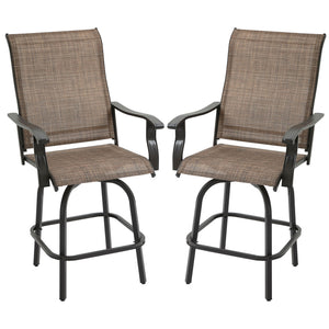 Outdoor Swivel Bar Stools Set of 2, 2 Piece Bar Height Patio Chairs with High Back, Curved Armrests and Steel Frame for Balcony, Poolside, Backyard, Brown