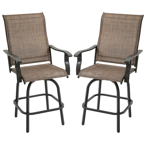 Outdoor Swivel Bar Stools Set of 2, 2 Piece Bar Height Patio Chairs with High Back, Curved Armrests and Steel Frame for Balcony, Poolside, Backyard, Brown