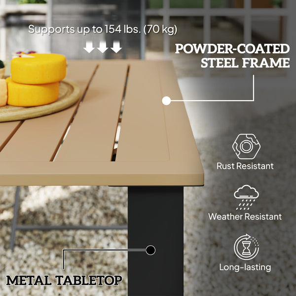 59" Outdoor Dining Table with Umbrella Hole for 6 People, Rectangle Patio Table with Slatted Metal Tabletop, Steel Frame for Backyard Garden Lawn Balcony, Brown