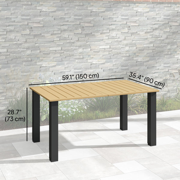 59" Outdoor Dining Table with Umbrella Hole for 6 People, Rectangle Patio Table with Slatted Metal Tabletop, Steel Frame for Backyard Garden Lawn Balcony, Brown