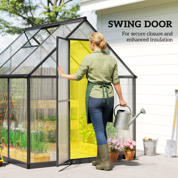 6 x 6.5ft Polycarbonate Greenhouse with Swing Door and Adjustable Window, Walk-in Greenhouse with Rain Gutter, Aluminium Garden Green House for Patio Garden Backyard, Black