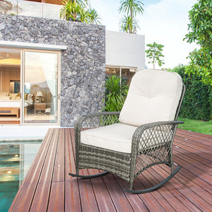 Rattan Rocking Chair, Outdoor Wicker Patio Rocker Chair Furniture with Thick Cushions, for Garden Backyard Porch, Khaki