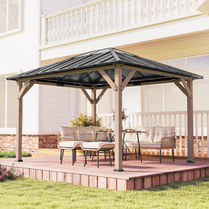 10' x 12' Hardtop Gazebo with Galvanized Steel Roof, Wood Permanent Pavilion Canopy Shelter with Clear Roof Top, UPF50+ Protection, Ceiling Hooks for Lawn, Backyard, Deck, Light Walnut