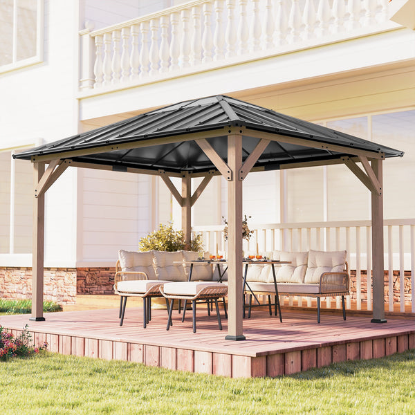 10' x 12' Hardtop Gazebo with Galvanized Steel Roof, Wood Permanent Pavilion Canopy Shelter with Clear Roof Top, UPF50+ Protection, Ceiling Hooks for Lawn, Backyard, Deck, Light Walnut