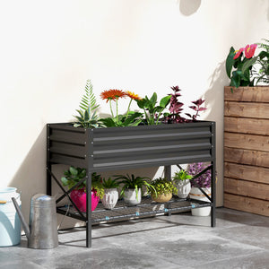 Outsunny Raised Garden Bed with Galvanized Steel Frame, Storage Shelf and Bed Liner, Elevated Planter Box with Legs for Vegetables, Flowers, Herbs, Black