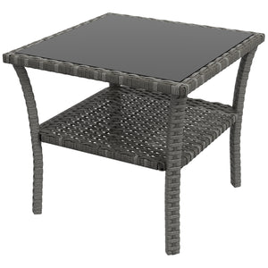20" Patio Wicker Coffee Table, Outdoor PE Rattan Two-tier Side Table with Glass Top, for Patio, Garden, Balcony, Mixed Grey