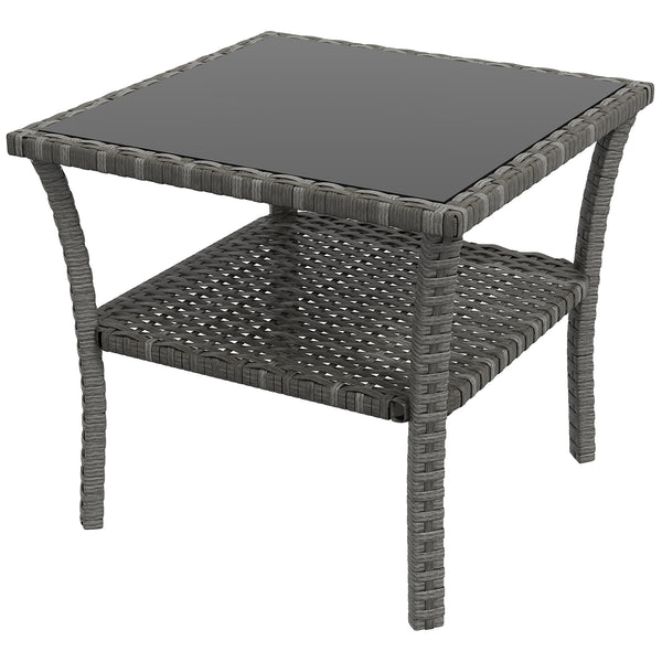 20" Patio Wicker Coffee Table, Outdoor PE Rattan Two-tier Side Table with Glass Top, for Patio, Garden, Balcony, Mixed Grey